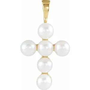 14K White Cultured White Freshwater Pearl Cross Pendant