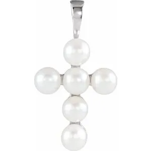14K White Cultured White Freshwater Pearl Cross Pendant