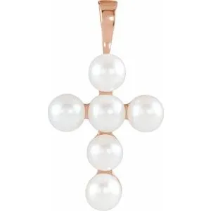 14K White Cultured White Freshwater Pearl Cross Pendant