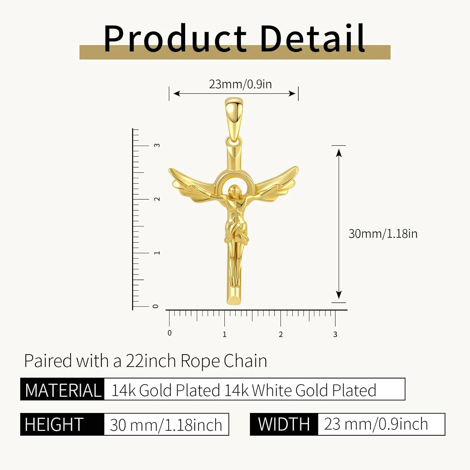 14k white/Yellow Gold Plated Cross Necklace for men with 30mm Pendant Necklace-22 inch