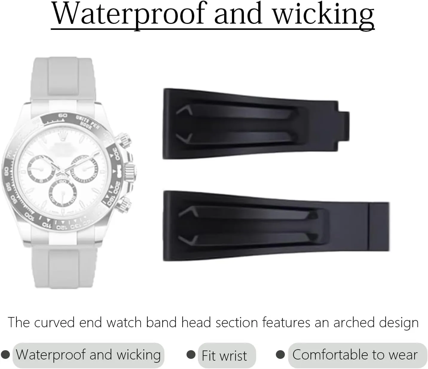 20mm Curved End Rubber Watch Band for Rolex Submariner,for Daytona,for Ghost,for Yachtmaster & More,Waterproof,Without Clasp