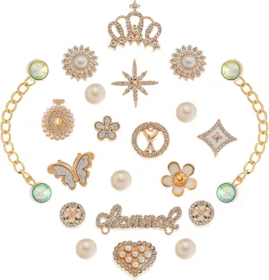 22PCS Bling Shoe Charms for Women Rhinestone Gold Cute Pearl Butterfly Flower Shoe Accessories Charm DIY Sparkling Chains for Clog Sandals Party Favor Jewelry Decorations