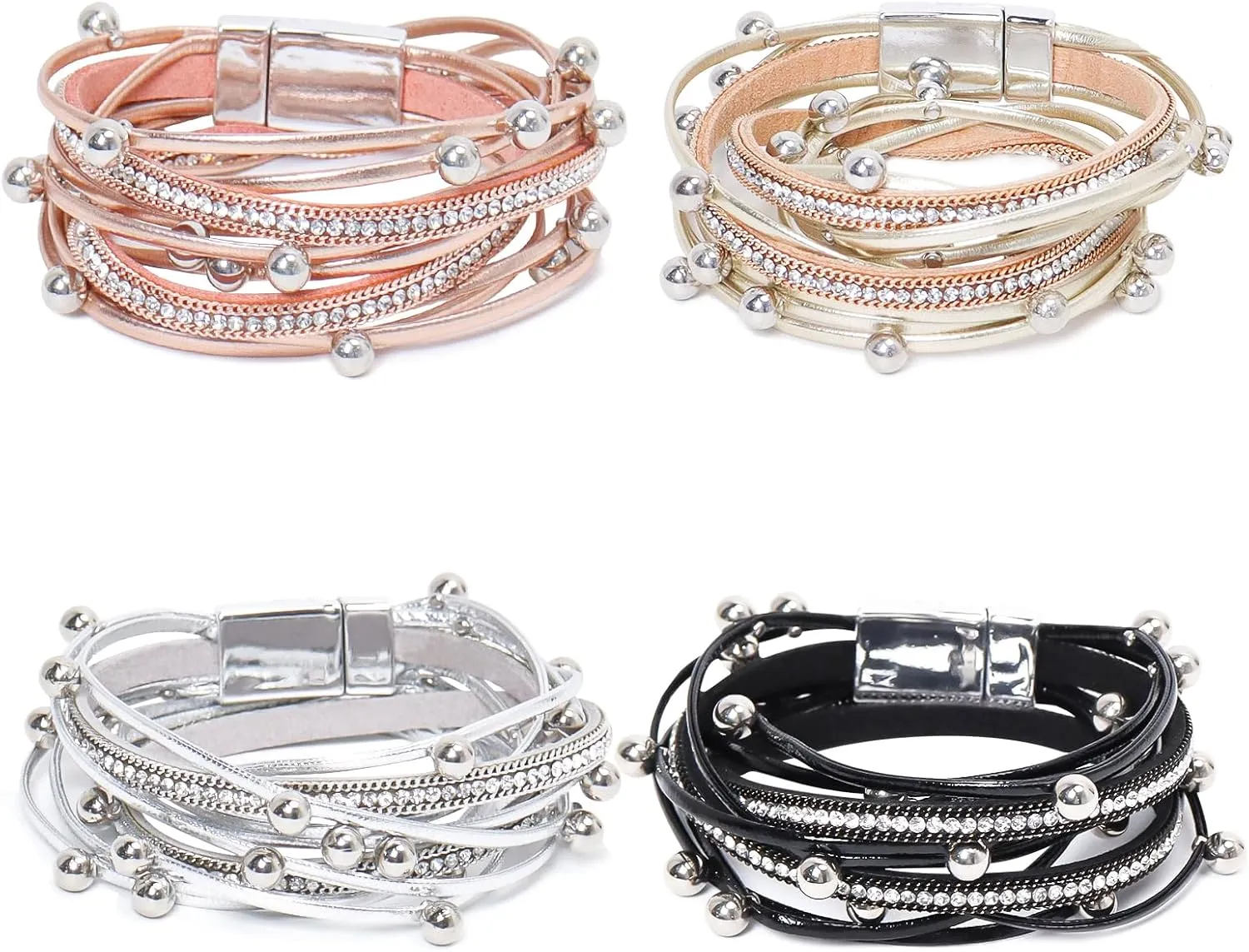 4pcs Leather Wrap Bracelets For Women,Boho Multi-Layer Inlaid Beads Handmade Bracelets Fashion Stack Bracelets Jewelry Elegant Leather Bracelet