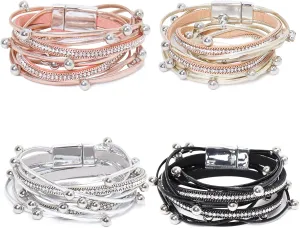 4pcs Leather Wrap Bracelets For Women,Boho Multi-Layer Inlaid Beads Handmade Bracelets Fashion Stack Bracelets Jewelry Elegant Leather Bracelet