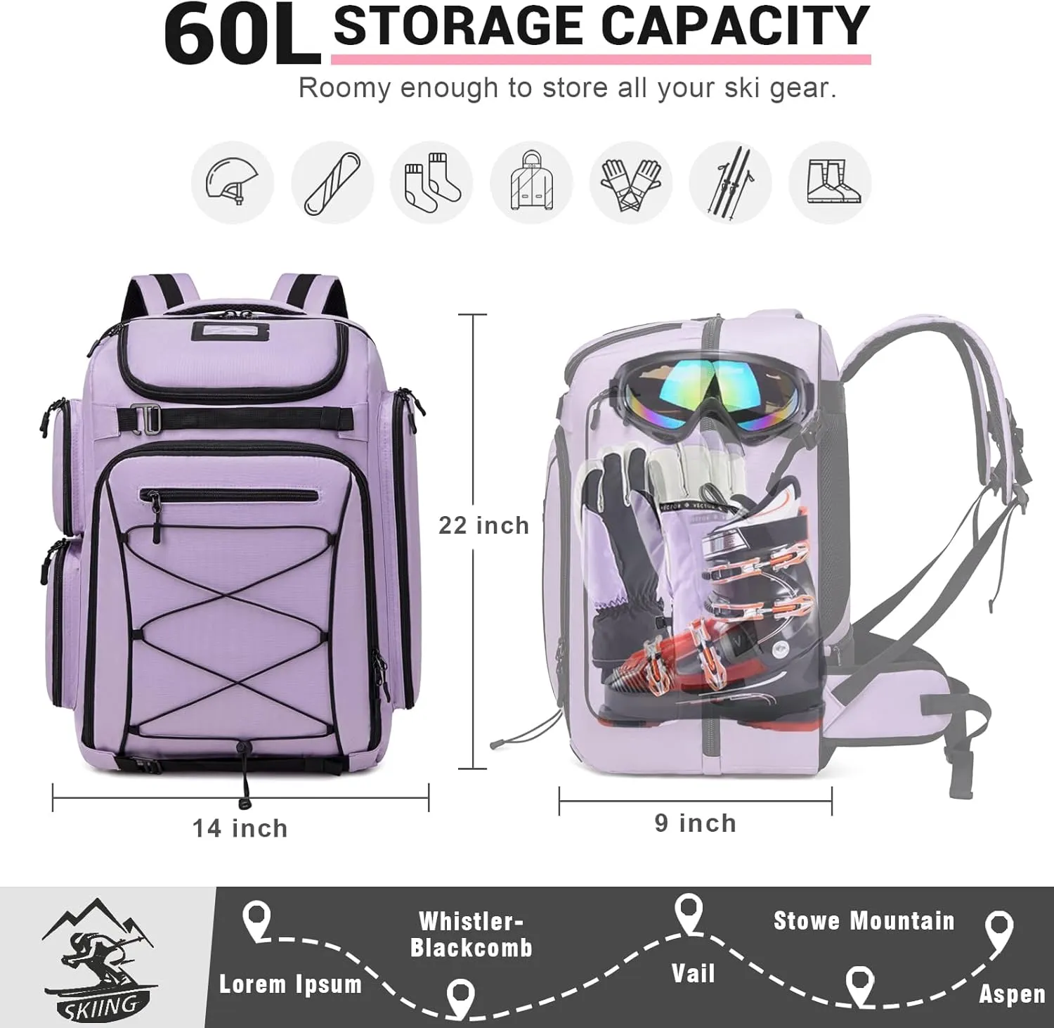 60L Waterproof Ski Boot Backpack - Travel Pack for Snowboard Boots, Skis, Helmet, Goggles, Gloves - Men,Women,Youth