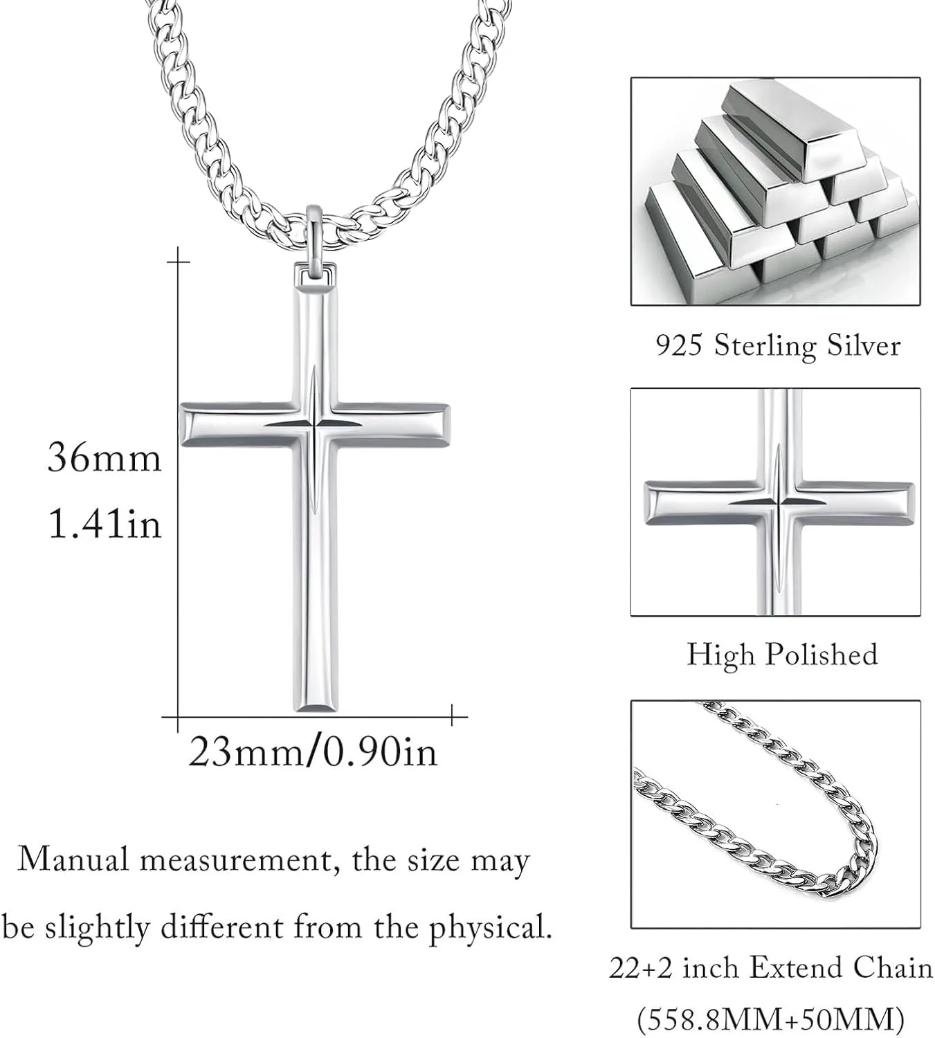 925 Sterling Silver Cross Pendant Necklace with Stainless Steel Chain 22" 2"