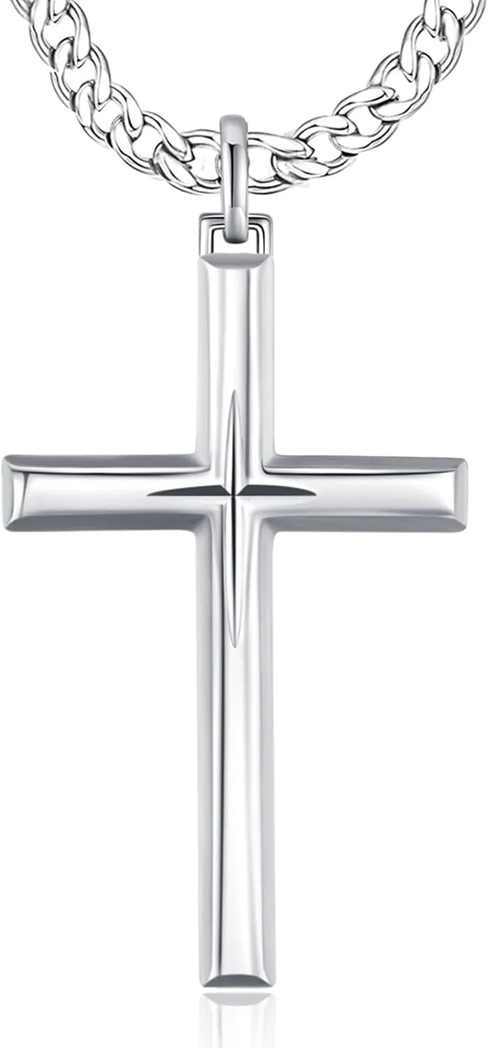 925 Sterling Silver Cross Pendant Necklace with Stainless Steel Chain 22" 2"