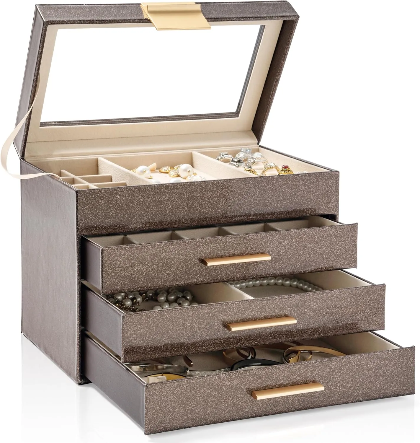 AKOZLIN 4-Tier Jewelry Box with Clear Glass Lid Functional Leather Jewelry Storage Organizer Case 3 Drawers for Women Girls Necklace Ring Bracelet Earring