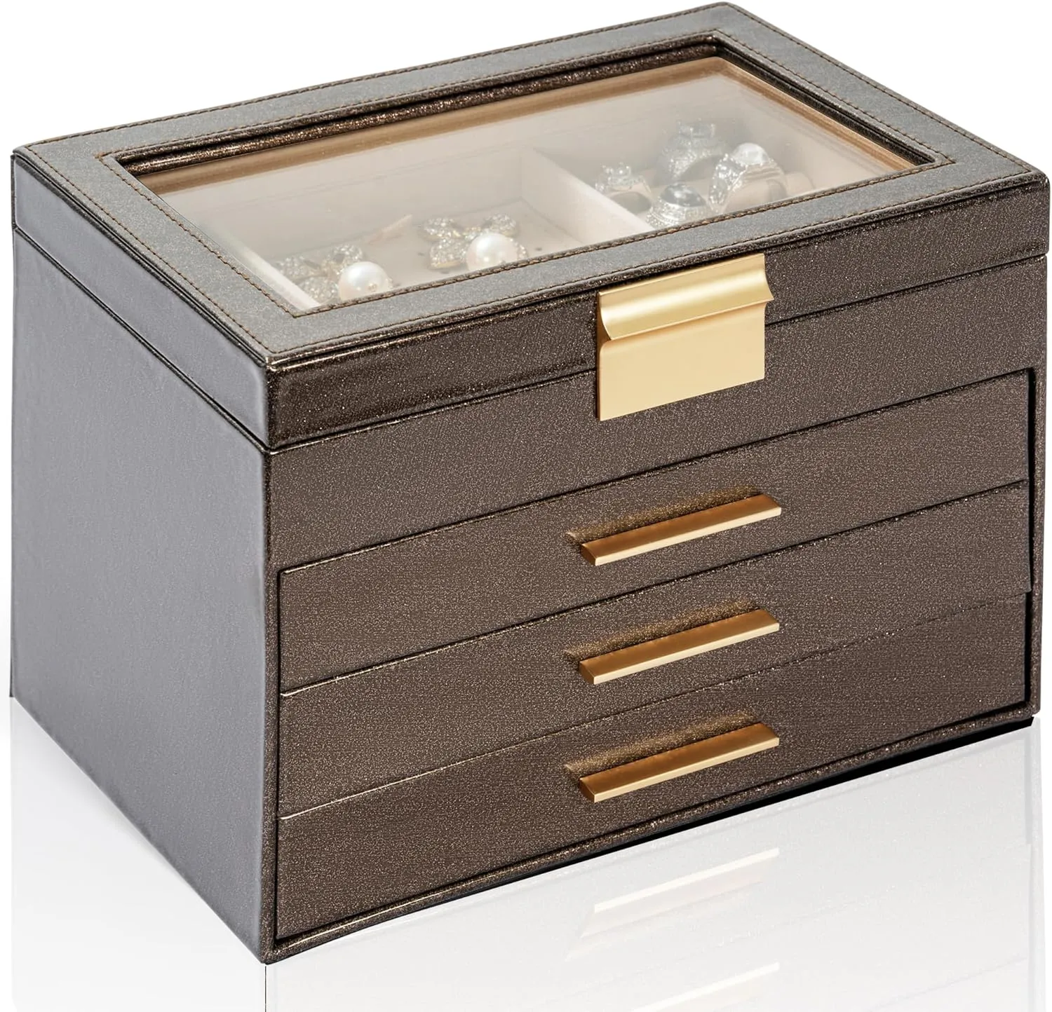 AKOZLIN 4-Tier Jewelry Box with Clear Glass Lid Functional Leather Jewelry Storage Organizer Case 3 Drawers for Women Girls Necklace Ring Bracelet Earring