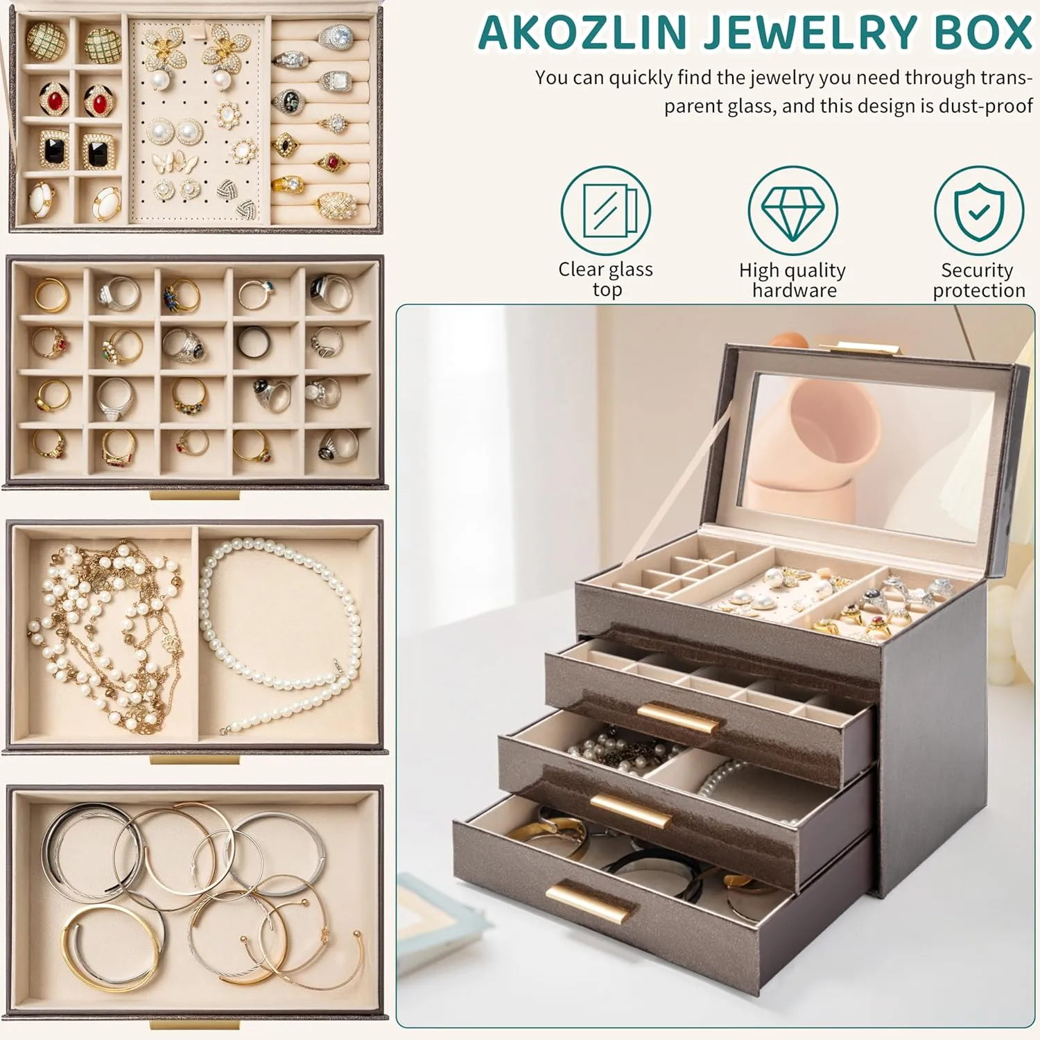 AKOZLIN 4-Tier Jewelry Box with Clear Glass Lid Functional Leather Jewelry Storage Organizer Case 3 Drawers for Women Girls Necklace Ring Bracelet Earring