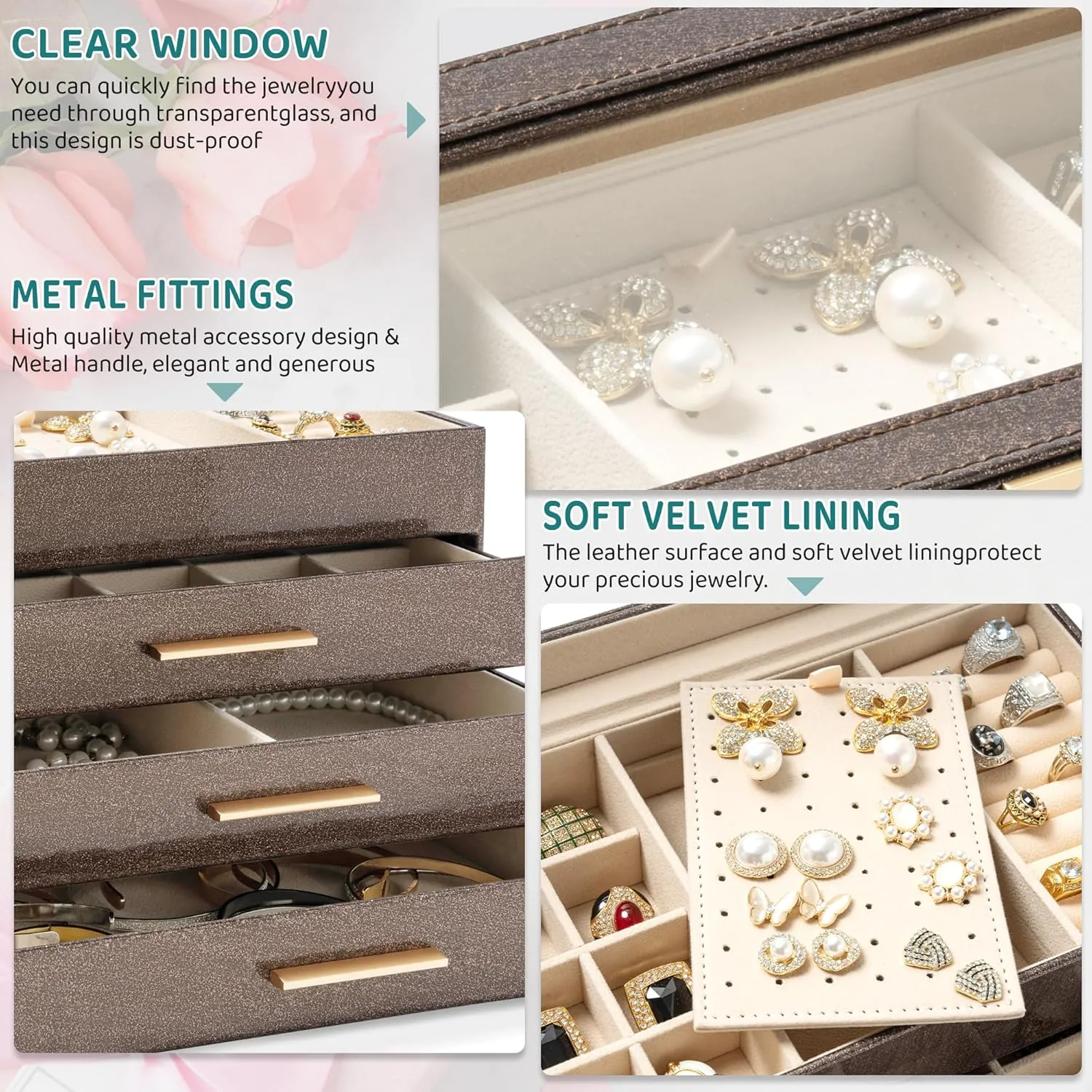 AKOZLIN 4-Tier Jewelry Box with Clear Glass Lid Functional Leather Jewelry Storage Organizer Case 3 Drawers for Women Girls Necklace Ring Bracelet Earring