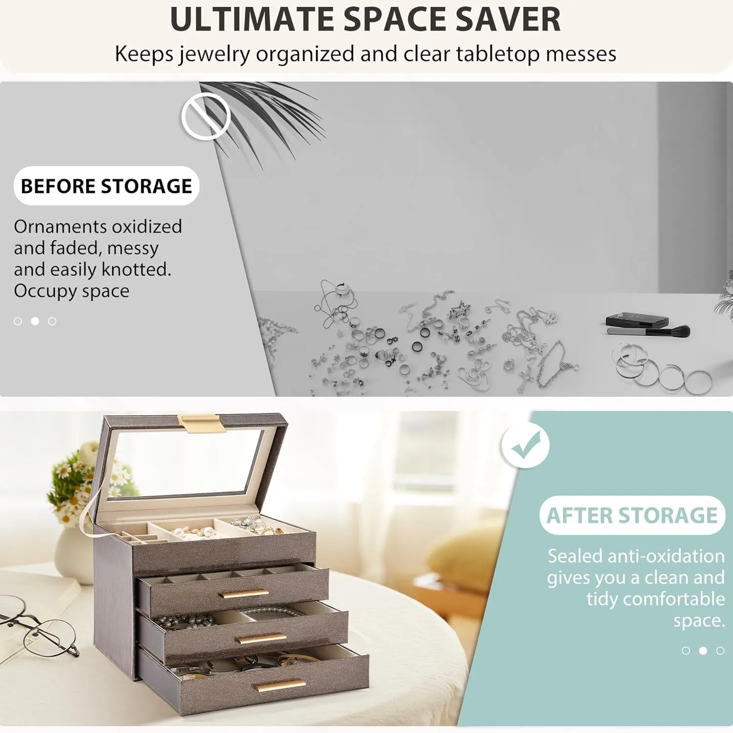AKOZLIN 4-Tier Jewelry Box with Clear Glass Lid Functional Leather Jewelry Storage Organizer Case 3 Drawers for Women Girls Necklace Ring Bracelet Earring