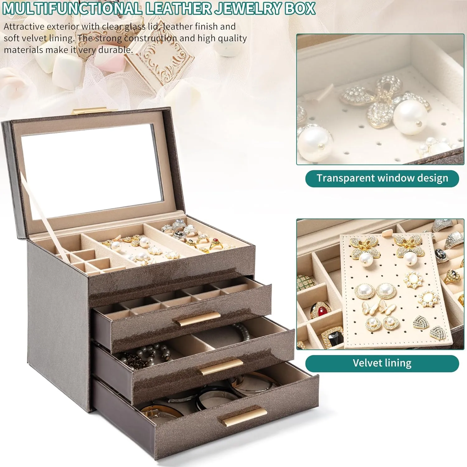 AKOZLIN 4-Tier Jewelry Box with Clear Glass Lid Functional Leather Jewelry Storage Organizer Case 3 Drawers for Women Girls Necklace Ring Bracelet Earring