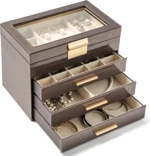 AKOZLIN 4-Tier Jewelry Box with Clear Glass Lid Functional Leather Jewelry Storage Organizer Case 3 Drawers for Women Girls Necklace Ring Bracelet Earring