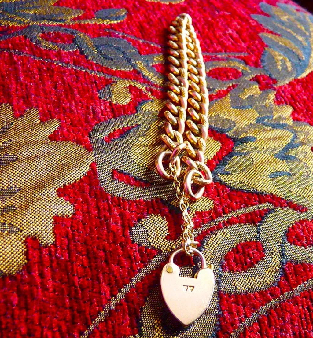Antique Victorian 9ct Rose Gold Curb Bracelet With Heart Clasp