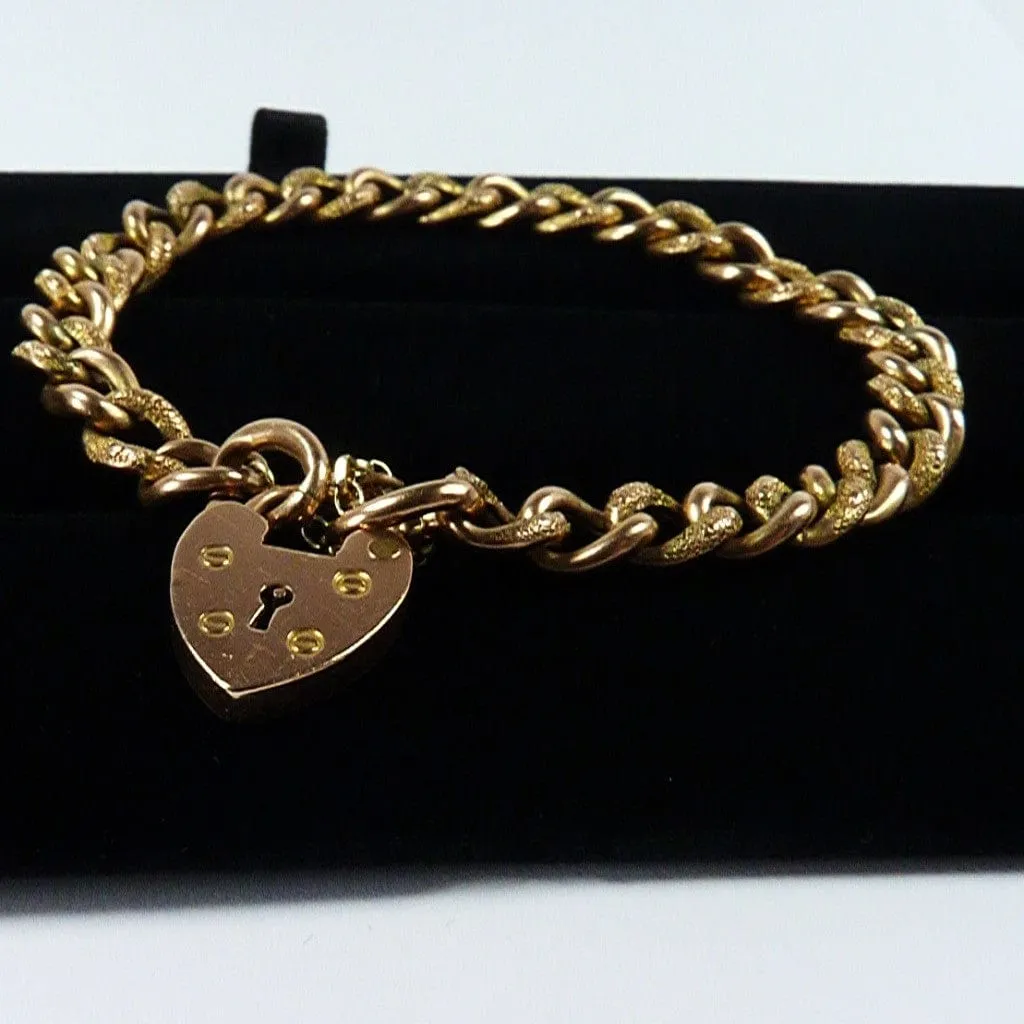 Antique Victorian 9ct Rose Gold Curb Bracelet With Heart Clasp