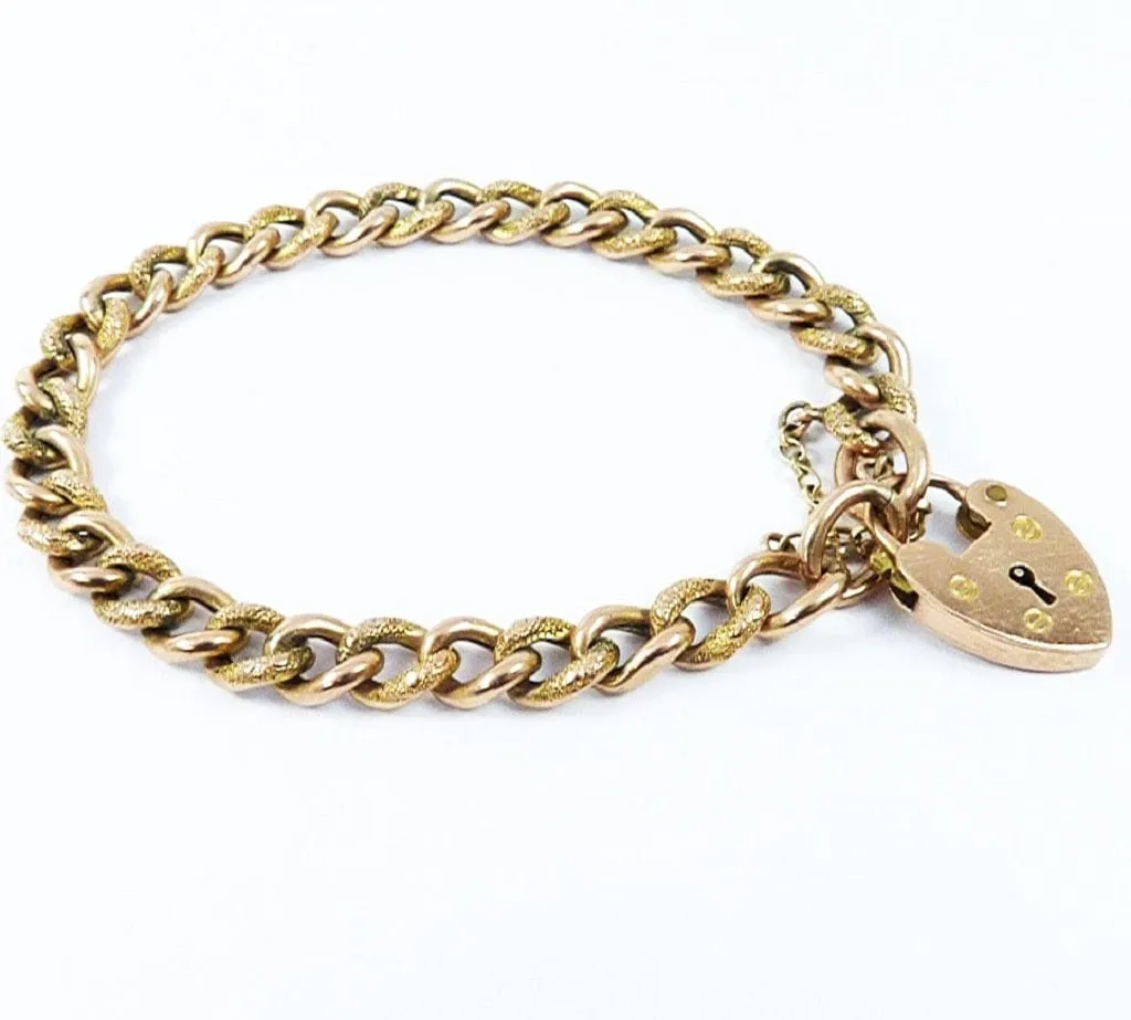Antique Victorian 9ct Rose Gold Curb Bracelet With Heart Clasp