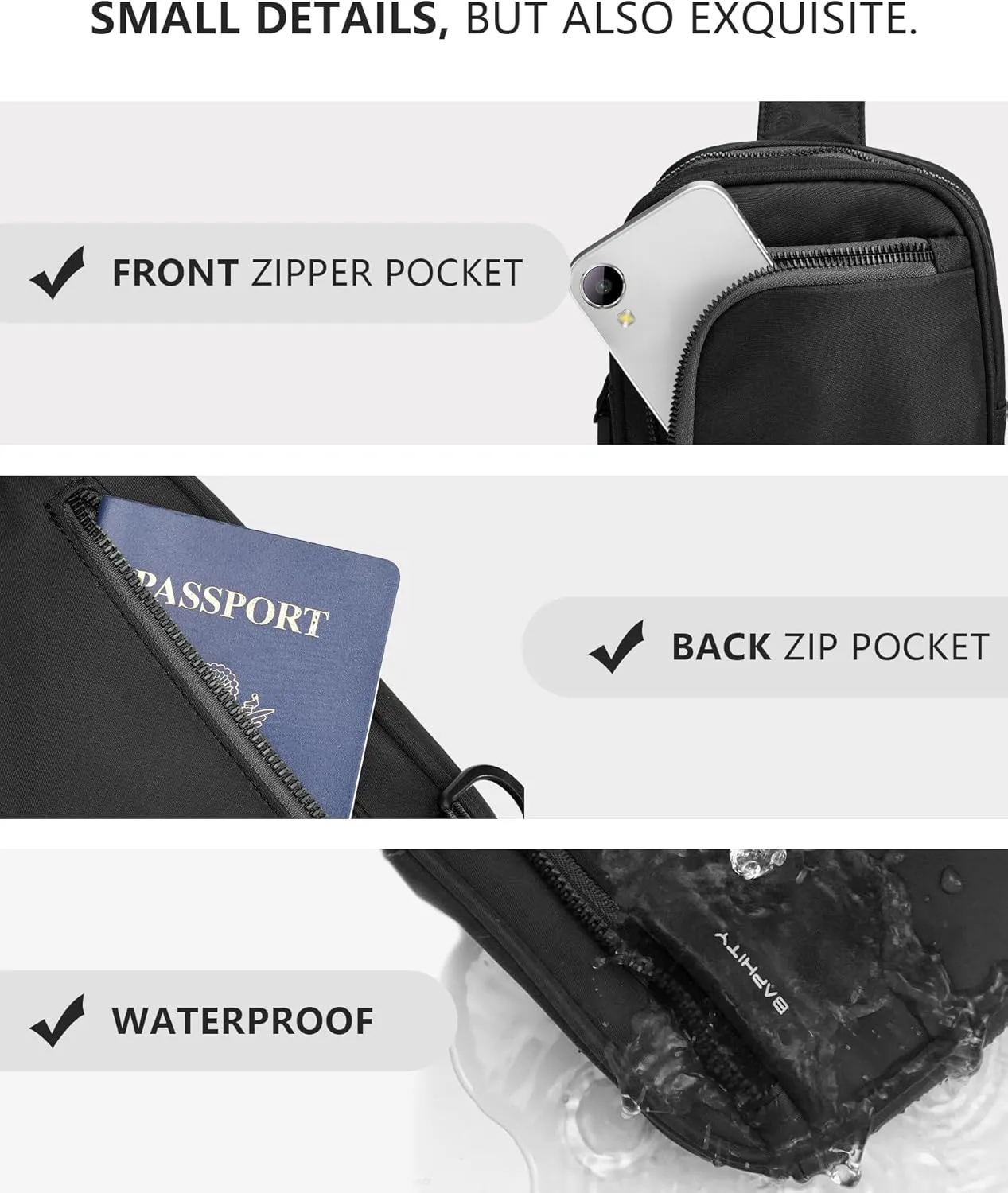 BAPHITY Small Sling Bag for Women and Men, Crossbody Bag Trendy, Fanny Packs Purses Chest Bag for Travel - Black