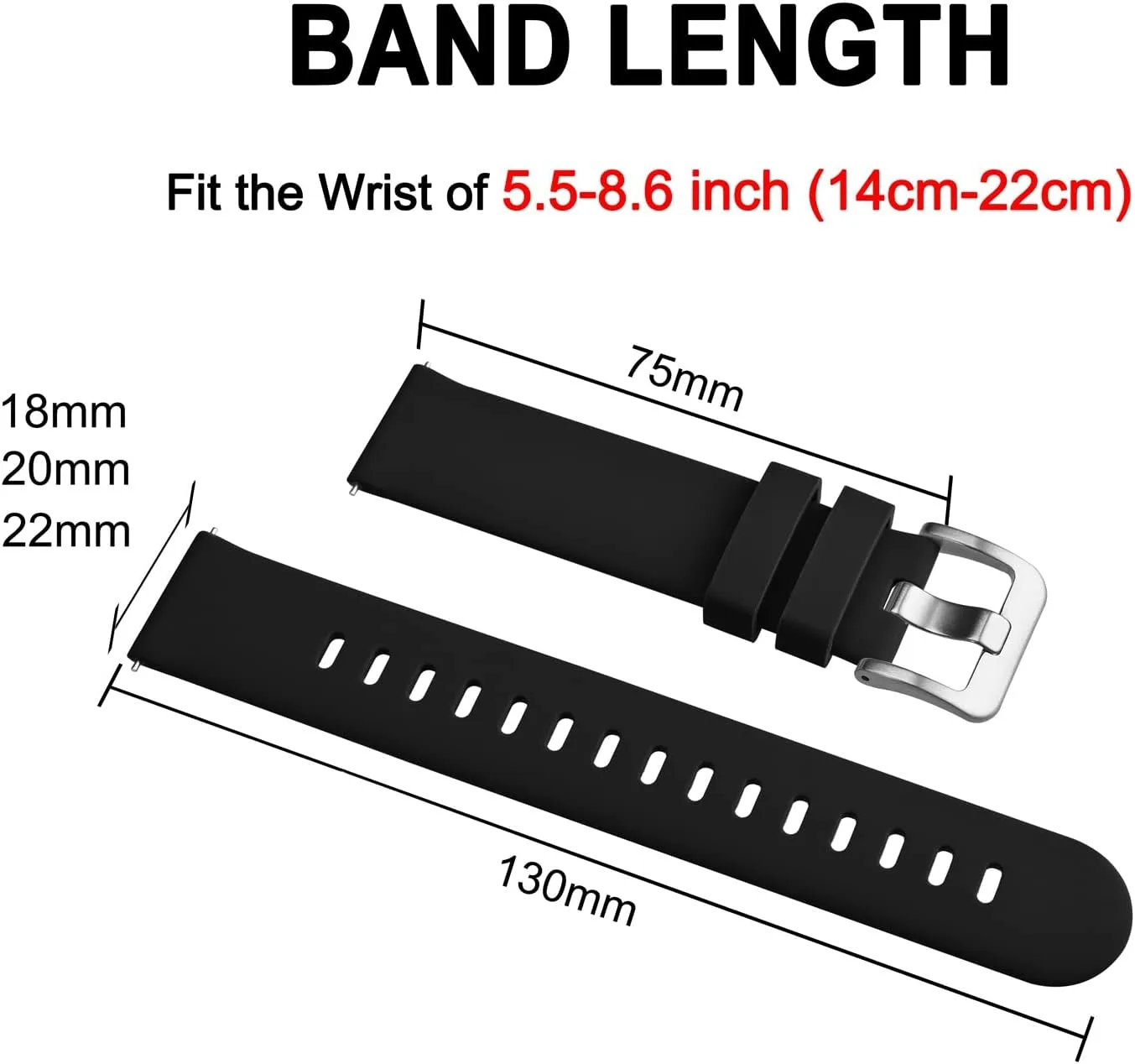 BISONSTRAP Silicone Watch Bands, Slim Watch Straps with Quick Release, 22mm, Black with Silver Buckle