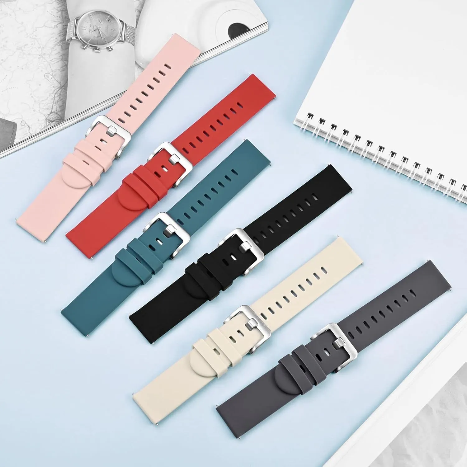 BISONSTRAP Silicone Watch Bands, Slim Watch Straps with Quick Release, 22mm, Black with Silver Buckle
