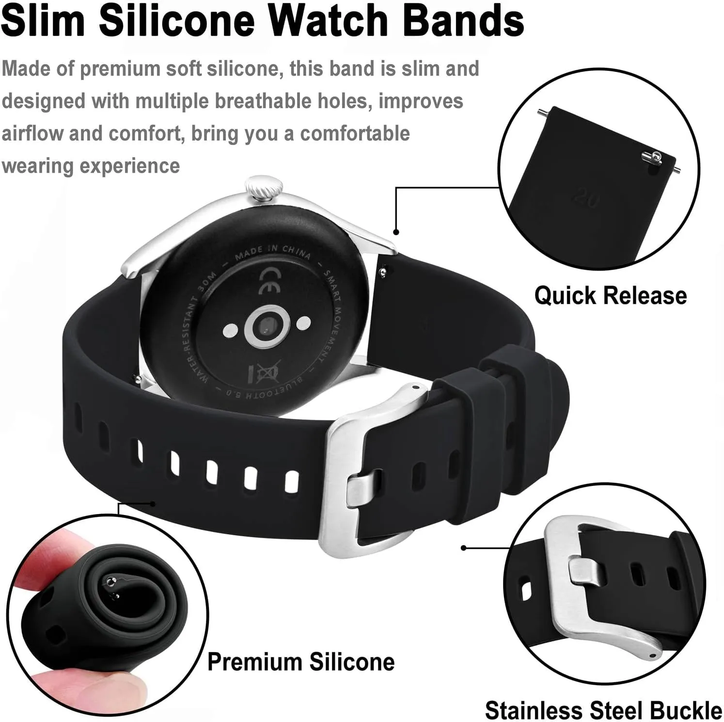 BISONSTRAP Silicone Watch Bands, Slim Watch Straps with Quick Release, 22mm, Black with Silver Buckle