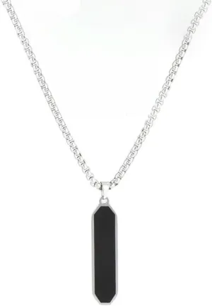 Black Agate Pendant Necklace for Mens, Silver Tag White Gold Plated Stainless Steel Necklace Rectangle Long Pendant Womens Necklaces Chain 27inch