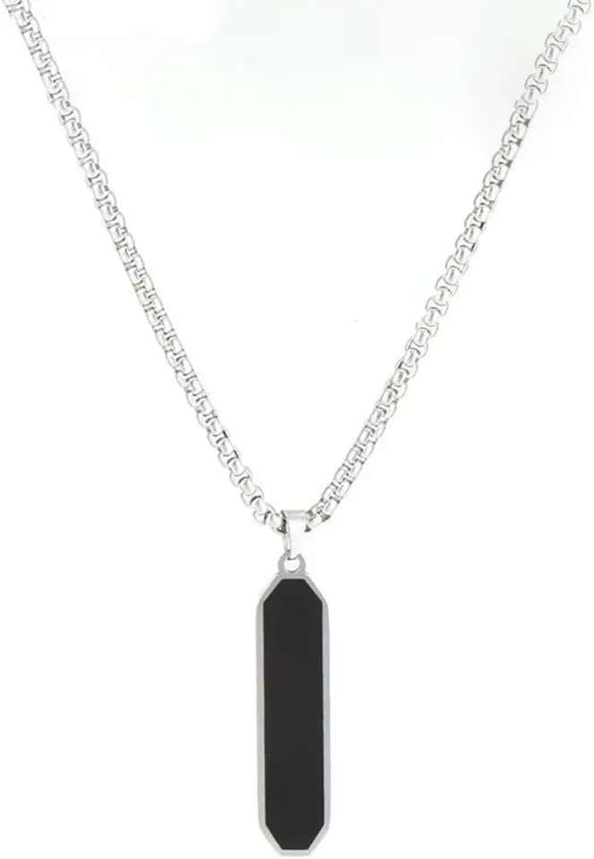 Black Agate Pendant Necklace for Mens, Silver Tag White Gold Plated Stainless Steel Necklace Rectangle Long Pendant Womens Necklaces Chain 27inch