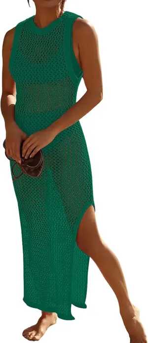 Bsubseach Crochet Swim Coverup Sleeveless Knitted Cover Up Dress