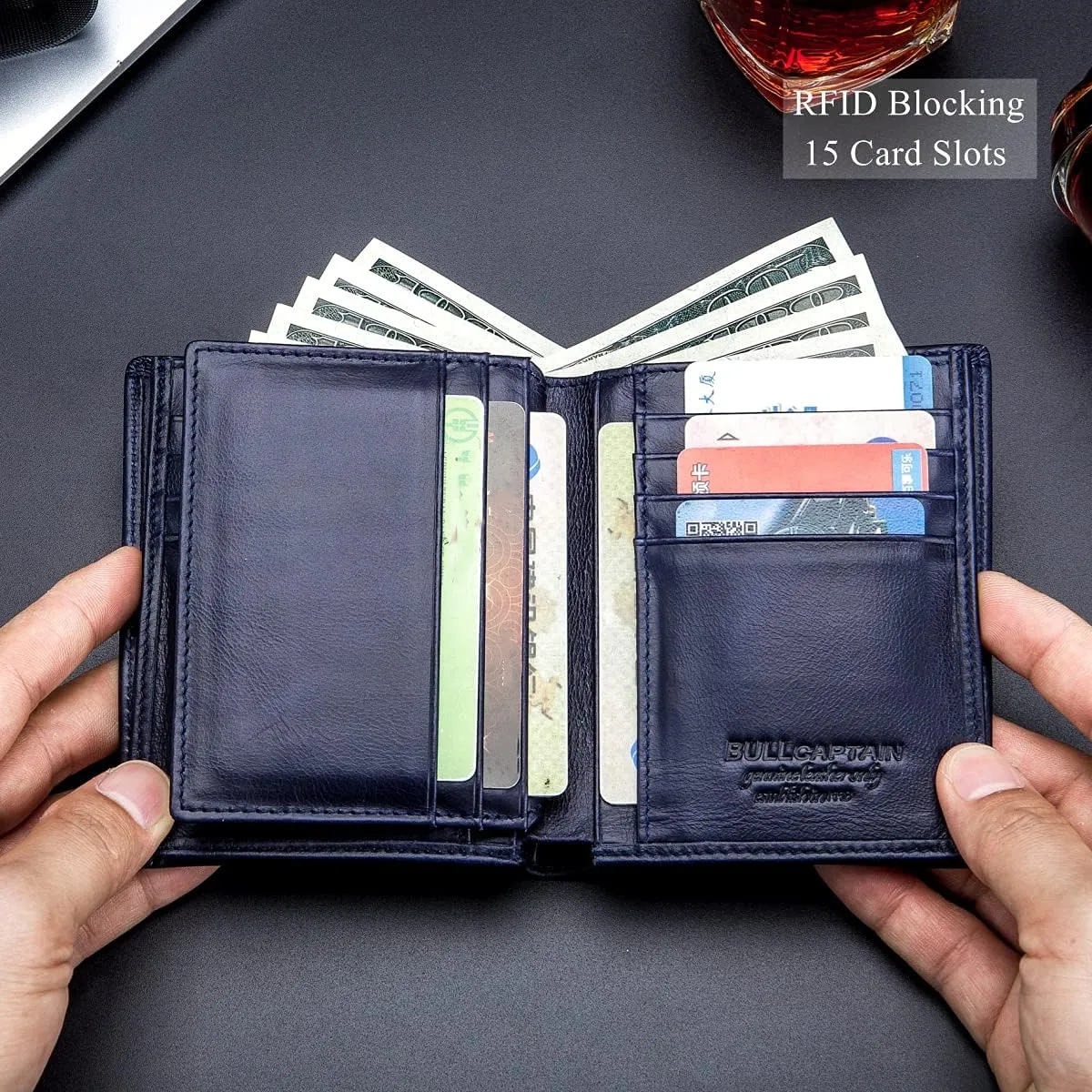 BULLCAPTAIN Large Capacity Genuine Leather Bifold Wallet/Credit Card Holder for Men with 15 Card Slots QB-027