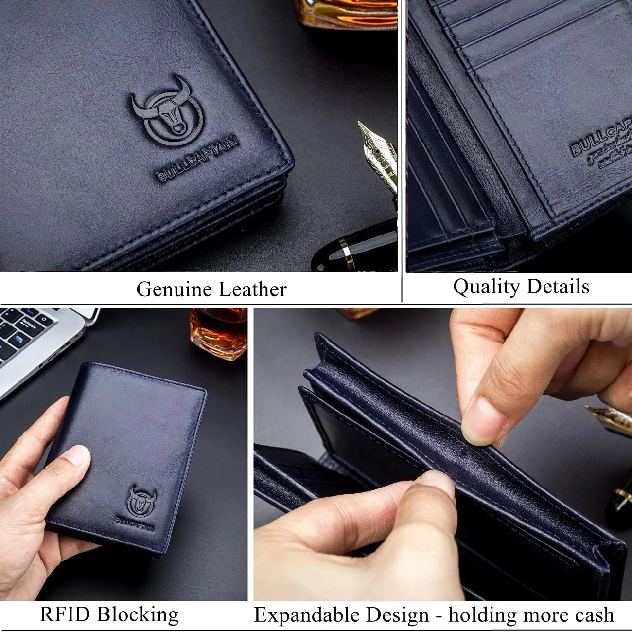 BULLCAPTAIN Large Capacity Genuine Leather Bifold Wallet/Credit Card Holder for Men with 15 Card Slots QB-027