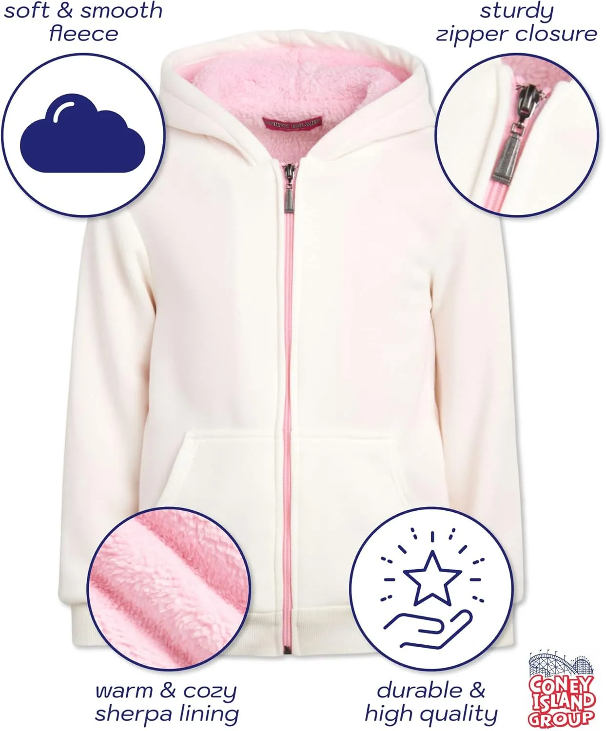 Coney Island Girls Hoodie - Cozy Soft Fleece Sherpa Lined Zip Up Hoodie Sweatshirt for Girls (Sizes Run Small: 4-16)