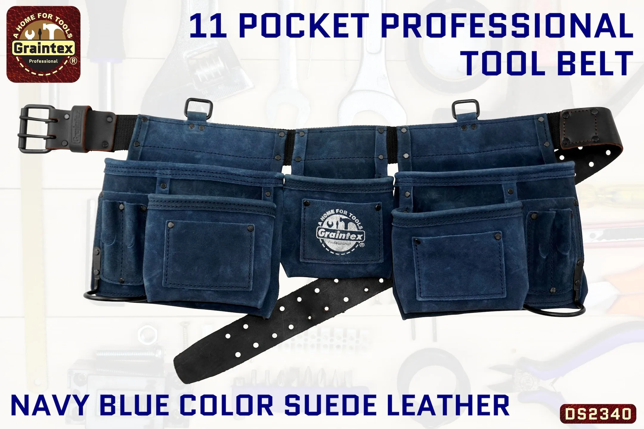DS2340 :: 11 POCKET PROFESSIONAL TOOL BELT NAVY BLUE COLOR SUEDE LEATHER