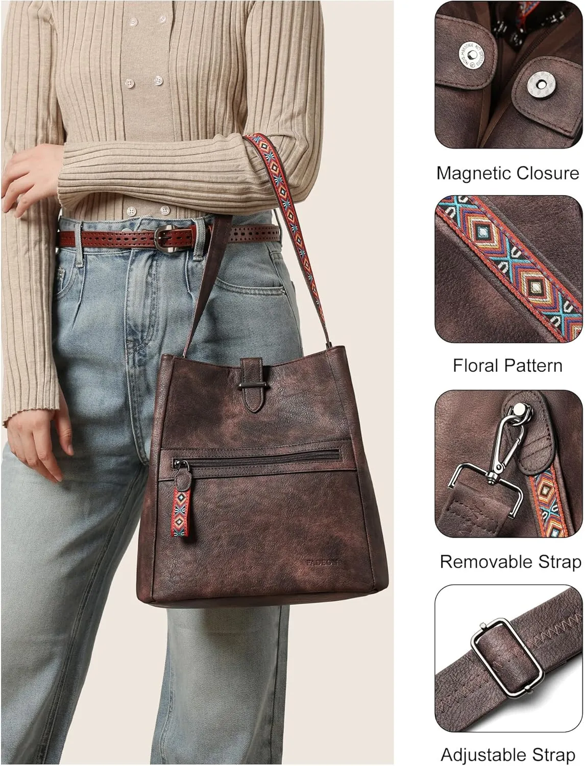 FADEON Bucket Bag for Women Purses and Handbags Designer Hobo Bags for Women Crossbody PU Leather Shoulder Bag Trendy Brown