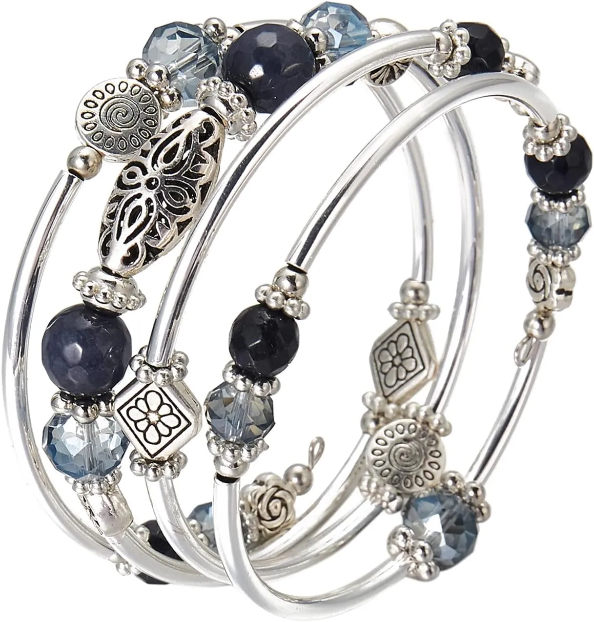 FULU AUTUMN Stackable Beaded Bracelets for Women Boho Wrap Silver Bracelet Layered Fashion Jewelry Gifts for Her