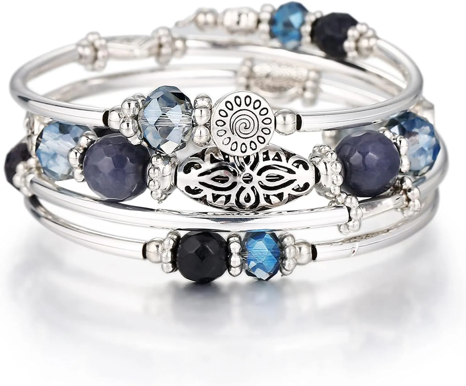 FULU AUTUMN Stackable Beaded Bracelets for Women Boho Wrap Silver Bracelet Layered Fashion Jewelry Gifts for Her