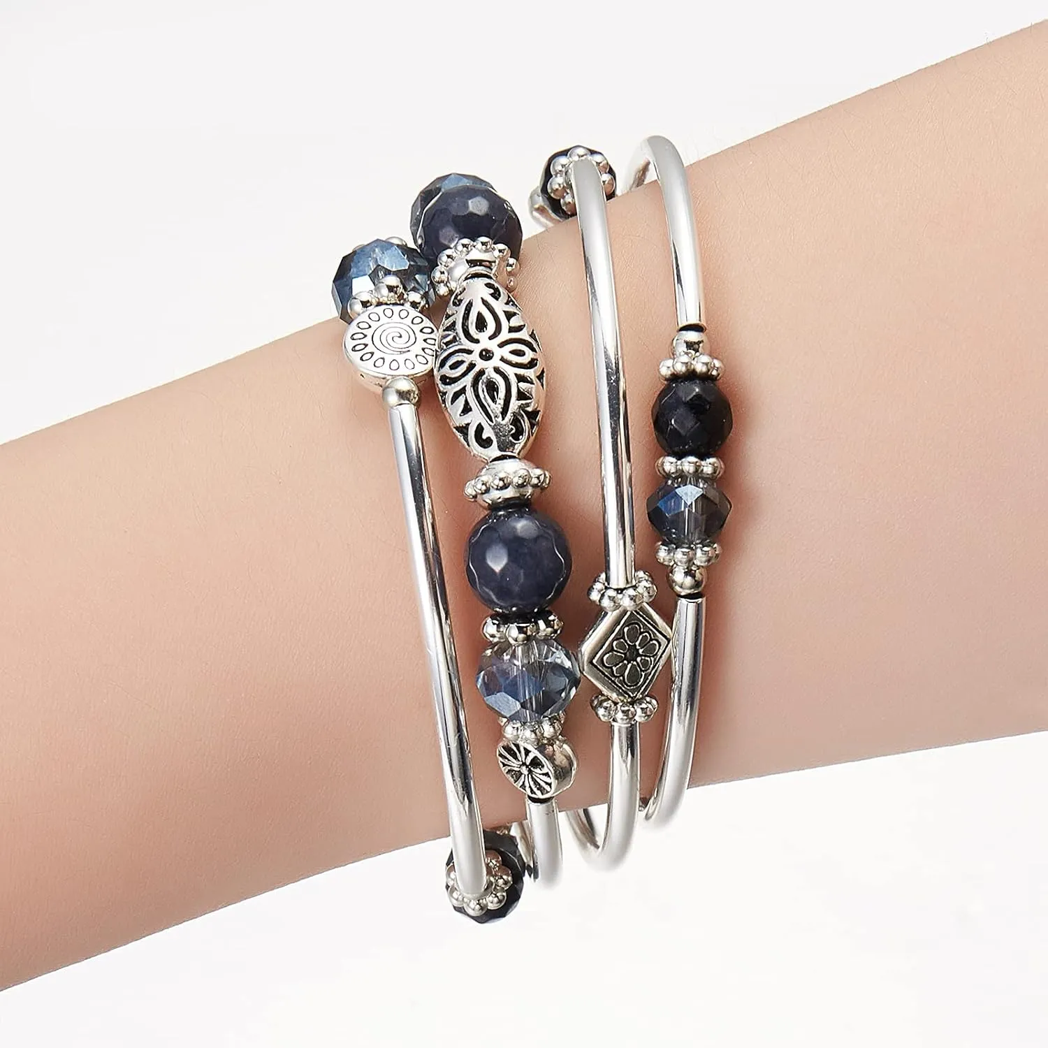 FULU AUTUMN Stackable Beaded Bracelets for Women Boho Wrap Silver Bracelet Layered Fashion Jewelry Gifts for Her