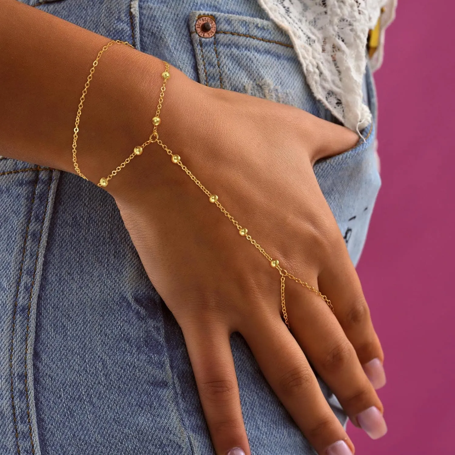 Hand Chain Bracelets for Women - 14K Real Gold Plated Dainty Stackable Paperclip Link Bracelets Hand Chain Bracelet Ring Gold Bracelets for Women Trendy