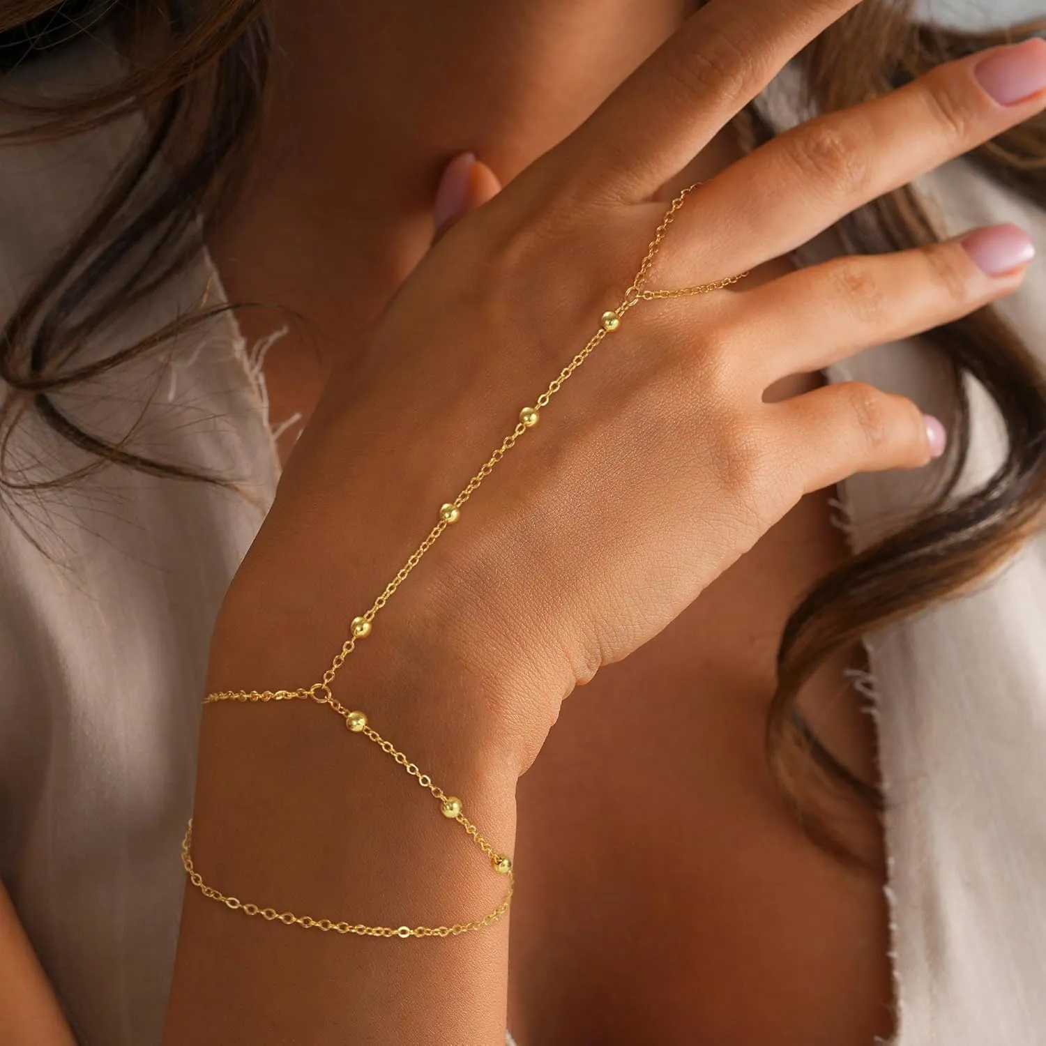 Hand Chain Bracelets for Women - 14K Real Gold Plated Dainty Stackable Paperclip Link Bracelets Hand Chain Bracelet Ring Gold Bracelets for Women Trendy