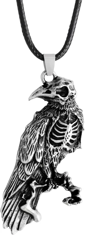 HAQUIL Raven Skull Necklace, Gothic Witchy Raven Bird Skeleton Skull Pendant, Faux Leather Cord, Goth Jewelry Gift