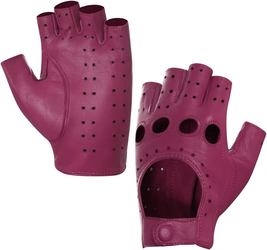 Harssidanzar Womens Lambskin Leather Fingerless Gloves Unlined Half Finger Driving GL012