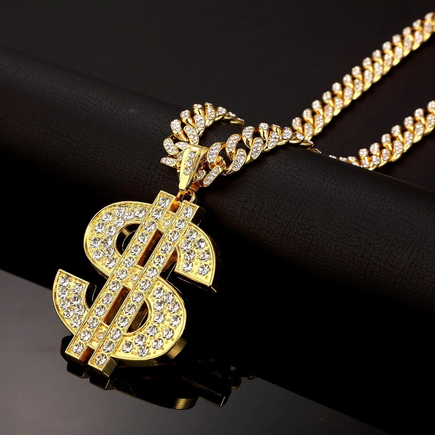 Hillban Gold Chain for Men with Dollar Sign Pendant Necklace Diamond Cuban Link Dollar Sign Necklaces for 80s 90s Men Hip Hop Rapper Jewelry Gift