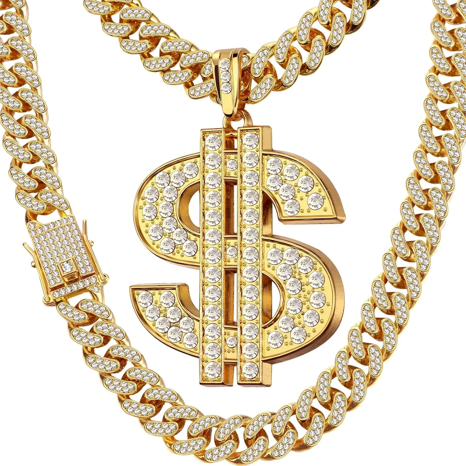 Hillban Gold Chain for Men with Dollar Sign Pendant Necklace Diamond Cuban Link Dollar Sign Necklaces for 80s 90s Men Hip Hop Rapper Jewelry Gift