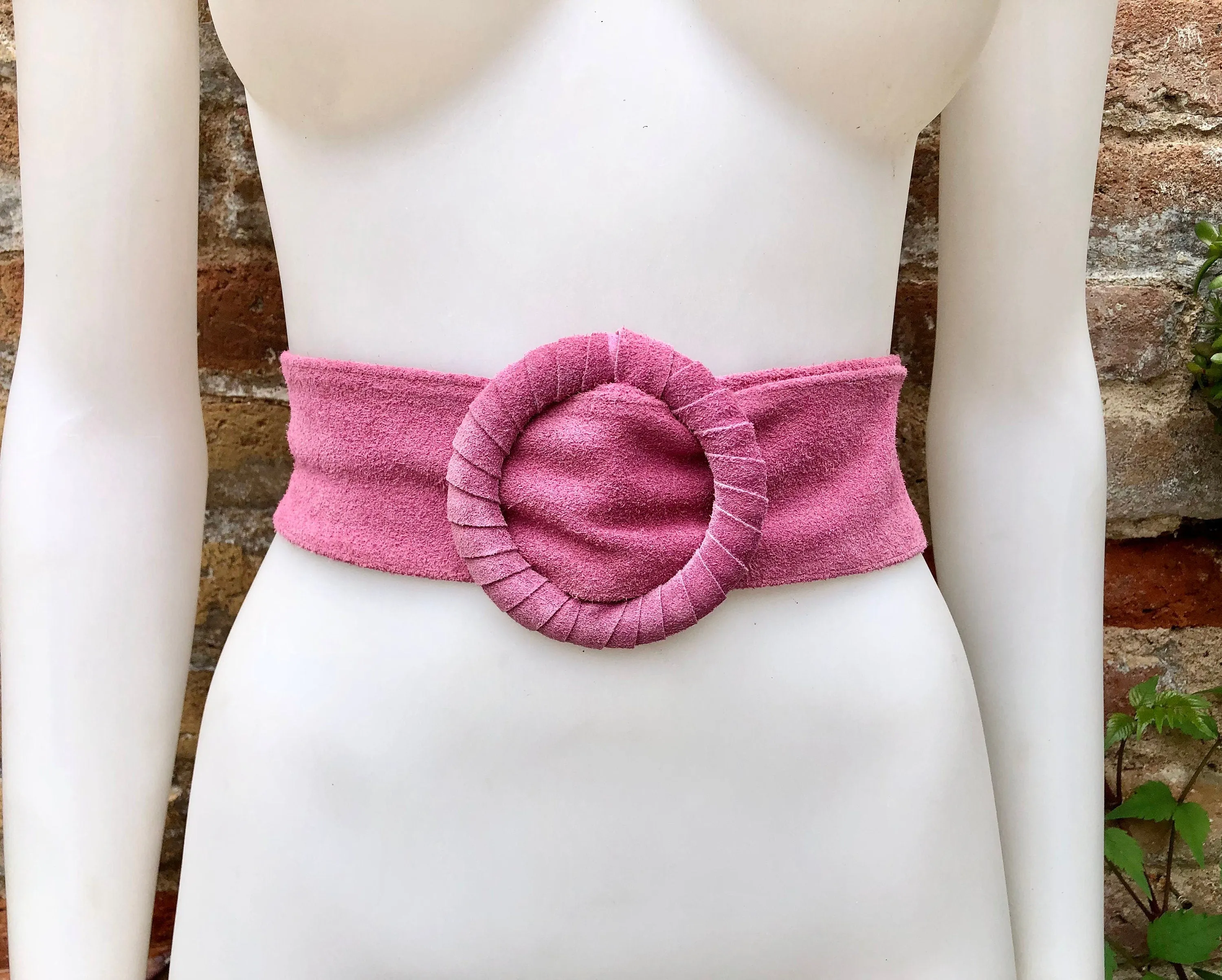 Hot pink suede waist belt with large round buckle. Boho soft suede belt in fuchsia.  Genuine natural hot pink suede leather
