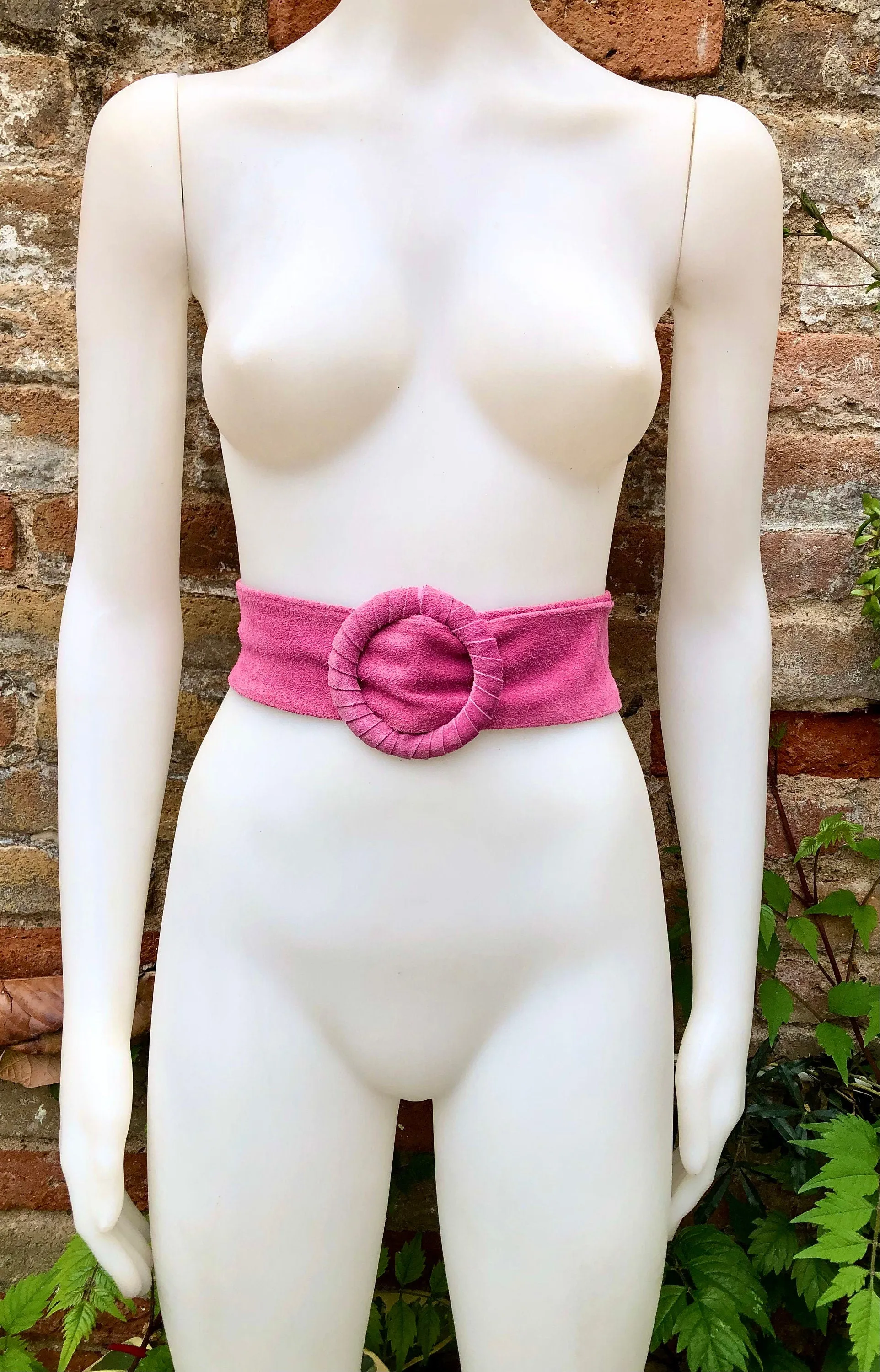 Hot pink suede waist belt with large round buckle. Boho soft suede belt in fuchsia.  Genuine natural hot pink suede leather