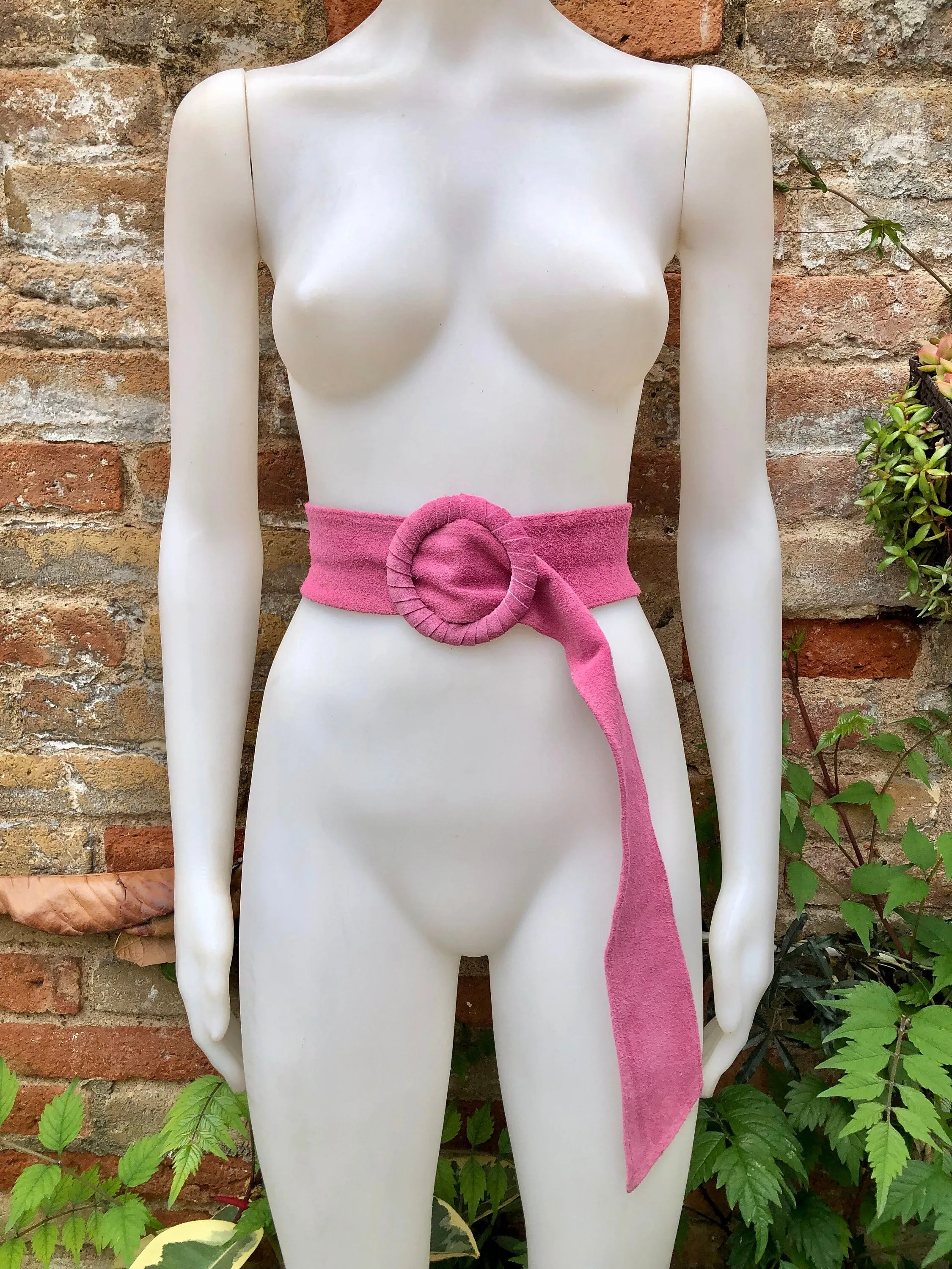 Hot pink suede waist belt with large round buckle. Boho soft suede belt in fuchsia.  Genuine natural hot pink suede leather