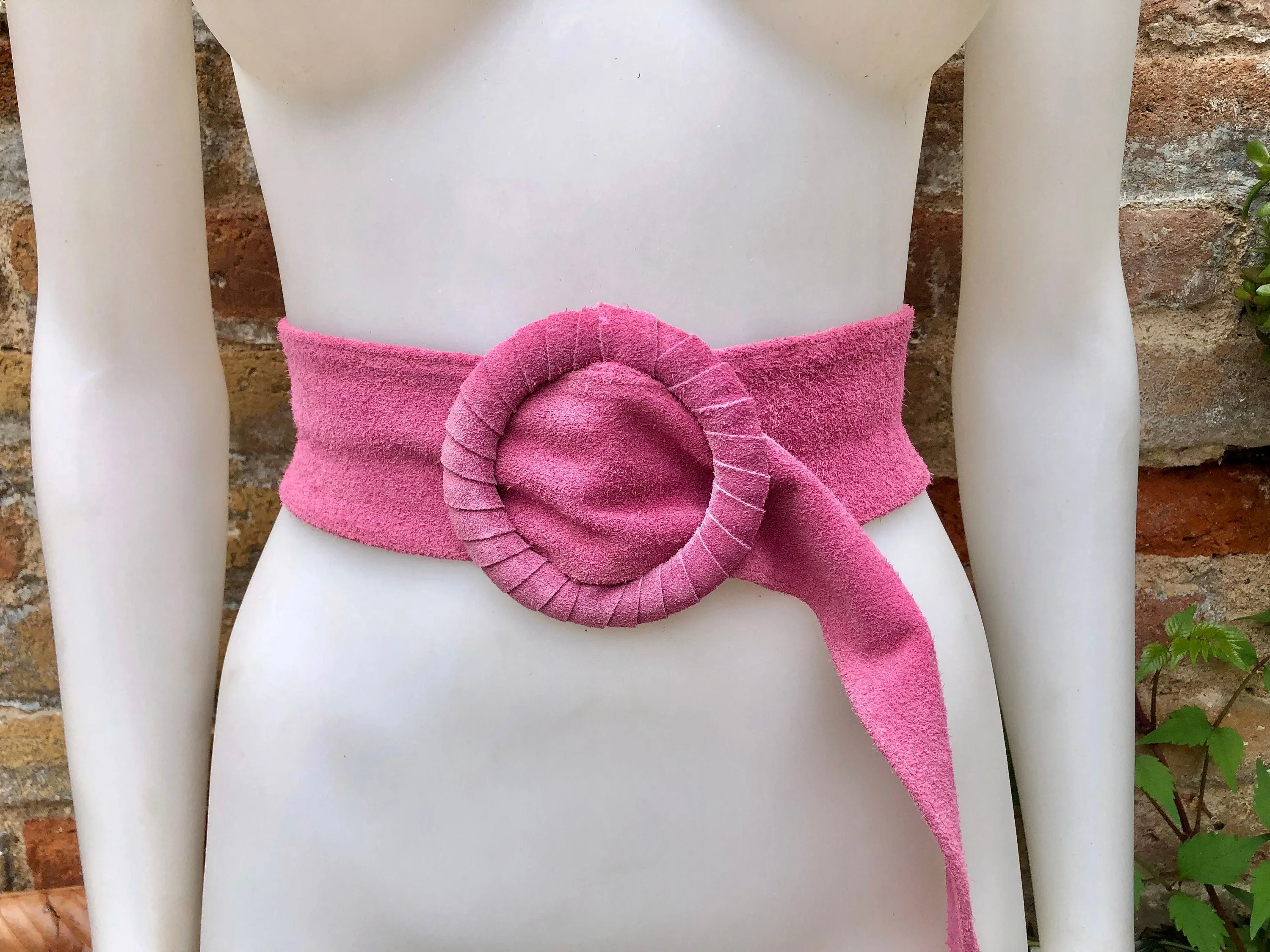 Hot pink suede waist belt with large round buckle. Boho soft suede belt in fuchsia.  Genuine natural hot pink suede leather