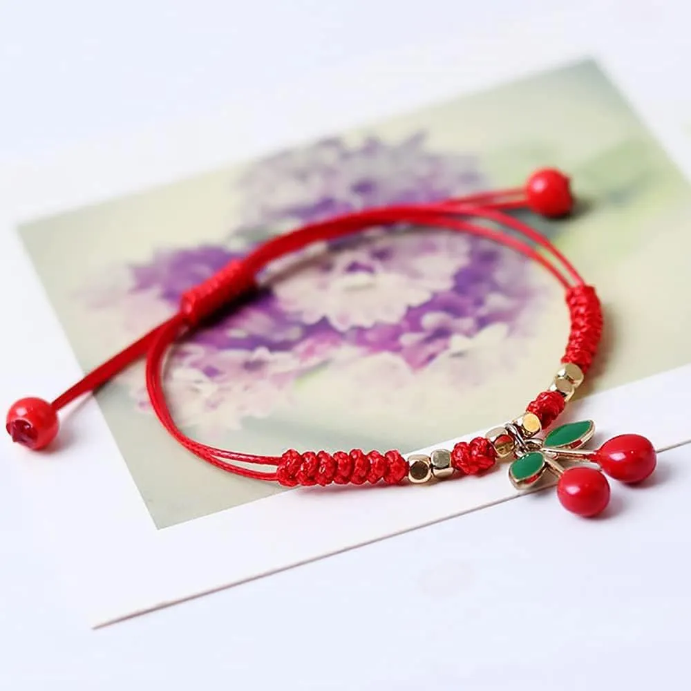 HUJUON 2Pcs Summer Fruit Strawberry Cherry Bracelets Sets,Handmade Weave Red Rope Adjustable Bracelet Protection Jewelry for Couple Best Friends