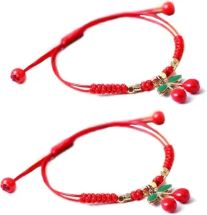 HUJUON 2Pcs Summer Fruit Strawberry Cherry Bracelets Sets,Handmade Weave Red Rope Adjustable Bracelet Protection Jewelry for Couple Best Friends