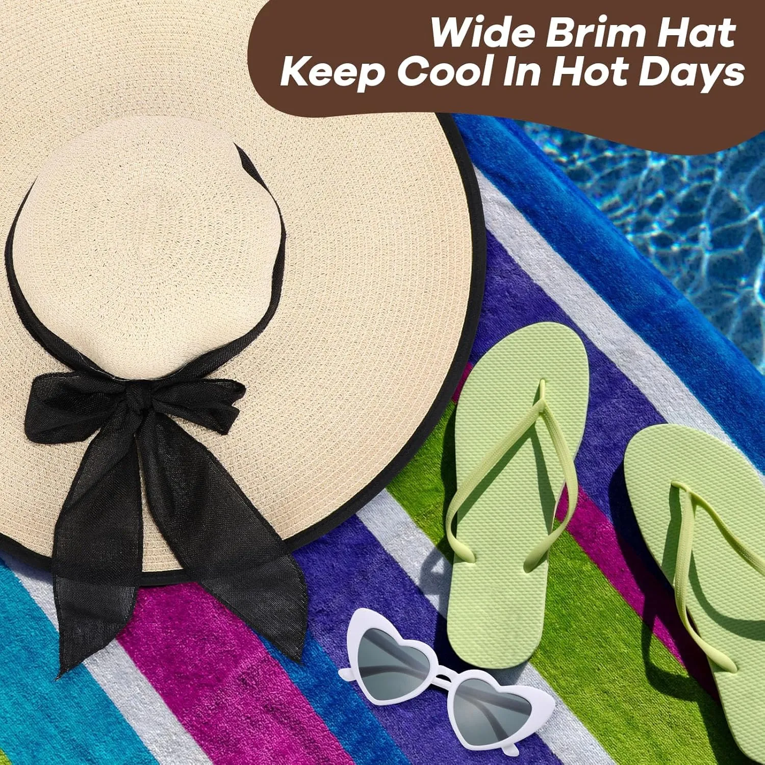 Jeyiour 12 Pcs Women Floppy Summer Hat Wide Brim with Heart Shape Glasses Big Bowknot Straw Hat Sun Hats Heart Sunglasses