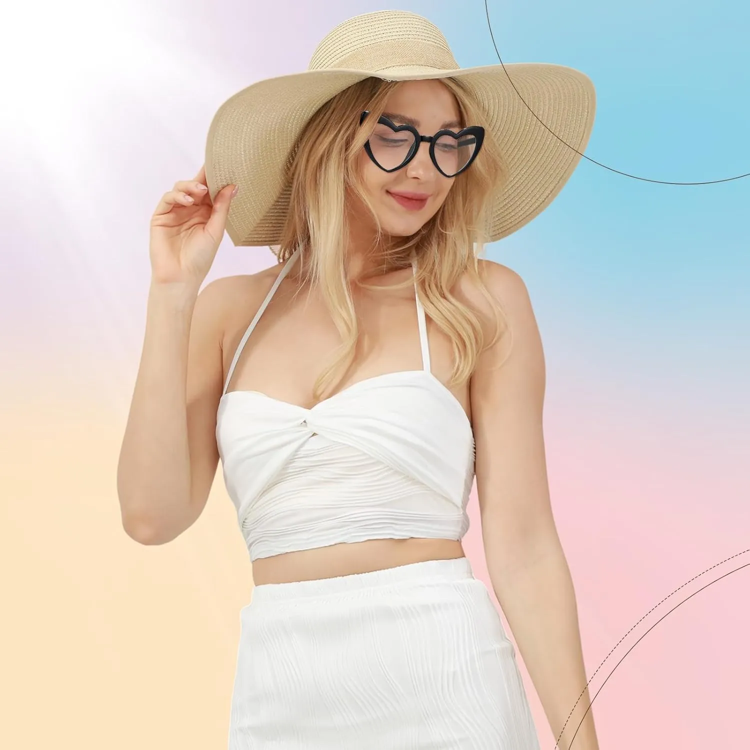 Jeyiour 12 Pcs Women Floppy Summer Hat Wide Brim with Heart Shape Glasses Big Bowknot Straw Hat Sun Hats Heart Sunglasses